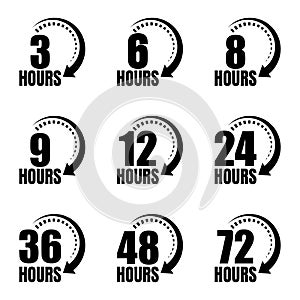 3, 6, 8, 9, 12, 24, 36, 48 and 72 hours clock arrow vector icons. Delivery service, online deal remaining time website symbols.