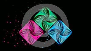 3 Abstract Spiral shape purple pink, green, and blue on black background - HD looping video