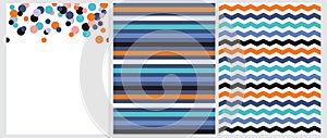 3 Abstract Vector Seamless Prints with colorful Chervron, Lines and Dots.