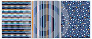 3 Abstract Vector Seamless Prints with Multicolor Chevron,  Dots and Stripes..