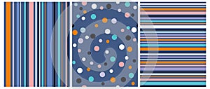 3 Abstract Vector Seamless Prints with Multicolor Dots and Stripes..