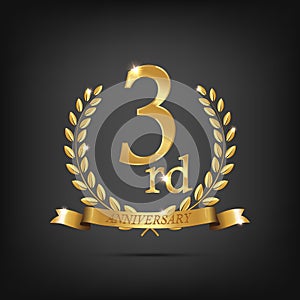 3 anniversary golden symbol. Golden laurel wreaths with ribbons and third anniversary year symbol on dark background