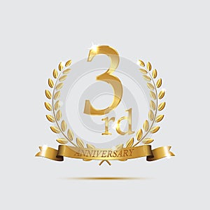 3 anniversary golden symbol. Golden laurel wreaths with ribbons and third anniversary year symbol on light background