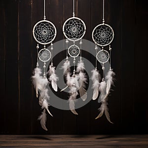 3 attache dWhite dream catcher with feather hanging at black wooden background