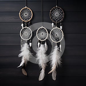3 attache dWhite dream catcher with feather hanging at black wooden background