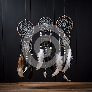 3 attache dWhite dream catcher with feather hanging at black wooden background