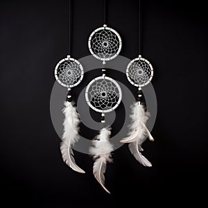 3 attache dWhite dream catcher with feather hanging at black wooden background