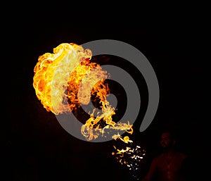3 August 2019, Fire-breathing show, during a medieval event `Viagem Medieval em Terra de Santa Maria`, Santa Maria da Feira.