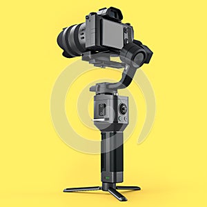 3-axis gimbal stabilization system with nonexistent mirrorless camera on yellow