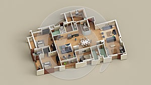 3 bedroom apartment Interior design axonometric view