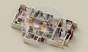 3 bedroom apartment Interior design isometric view