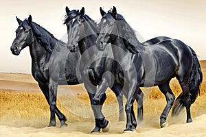 3 Black horses in the field