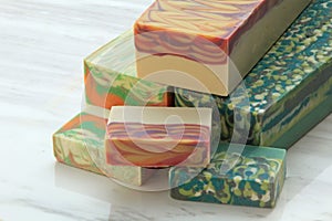 3 blocks of handcrafted soap on display