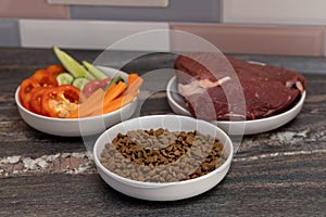 3 bowls of raw meat, vegetables and dry dog food on kitchen counter