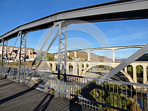 The 3 bridges of Regua crossing Douro river: the pedestrian bridge, the road bridge between Lamego and Vila Real and the Miguel To