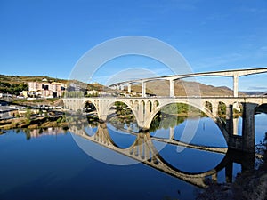 The 3 bridges of Regua crossing Douro river: the pedestrian bridge, the road bridge between Lamego and Vila Real and the Miguel To