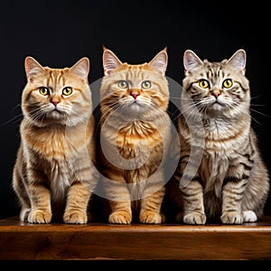 3 british short hair cats lined up in a wooden surface isolated in black background. AI generative image