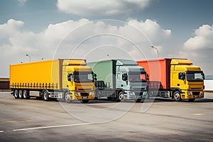 3 cargo trailer trucks in yellow, green, red colors unload at logistics centers.