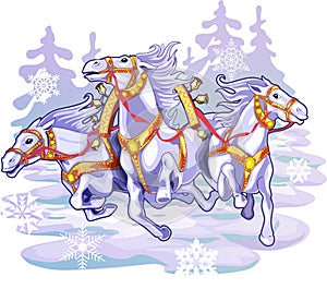 3 cartoon white winter horses