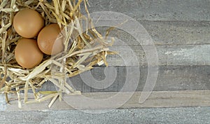 3 Chicken eggs in nest with over wooden background