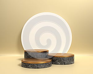 3 circle marble podiums with golden circle in gold background