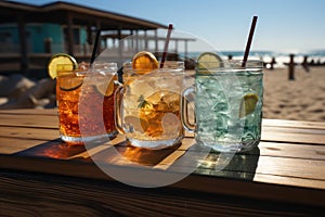 3 Cocktails on the background of the beach. AI generative