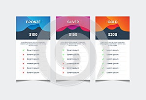 3 columns of price list table desing template, comparative table, infographic tariff vector