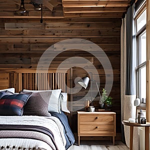 3 A cozy, rustic bedroom with a mix of wooden and plaid finishes, a classic wooden bed frame, and a mix of patterned and solid b