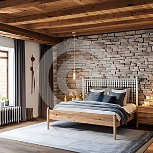 3 A cozy, rustic bedroom with a mix of wooden and plaid finishes, a classic wooden bed frame, and a mix of patterned and solid b