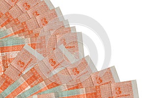 3 cuban pesos convertibles bills lies isolated on white background with copy space stacked in fan close up