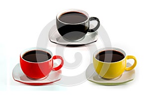 3 cups of different colors, red, yellow