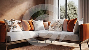 3 D Close up of fabric sofa with white and terra cotta pillows. French country home interior design of modern living room