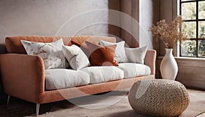 3 D Close up of fabric sofa with white and terra cotta pillows. French country home interior design of modern living room