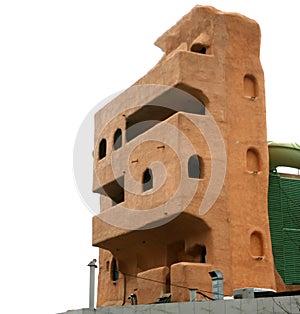 A 3-d house model of a multi-storey building made of ecologic materials.
