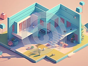 3 d illustration of house, interior, living room. 3 d illustration, isometric