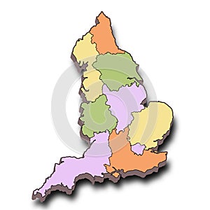3 d map of England with region.  England with borders of the stats and different colour.. Britain, United Kingdom, uk