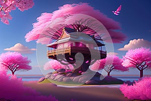 3 d render of a pink house with the tree on the hill and a lake, the view from the side, the landscape, a fantasy