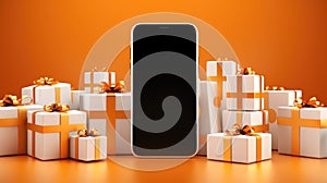 3 d rendered illustration of smart phone with christmas gift screen on orange background .