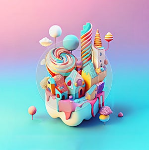 3-d rendering of isometric candy town island on a big banner with pastel