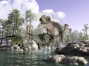 3 D scene of a T Rex, hunting two Gallimimus.