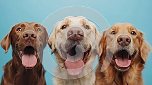 3 dogs side by side. Studio portrait of dogs looking up on blue background.
