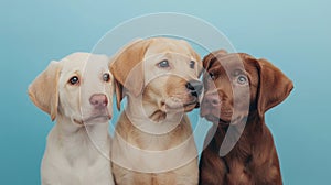 3 dogs side by side. Studio portrait of dogs looking up on blue background.