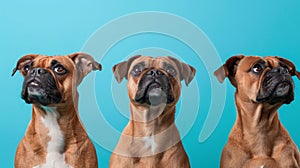 3 dogs side by side. Studio portrait of dogs looking up on blue background.