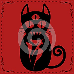 3 Eyed Black Cat N0.13 with Floral frame Ornament vector.