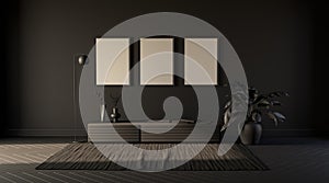 3 frames in a Dark room with tv set,chair,plants  and floor lamp on a carpet. Black background. 3D rendering