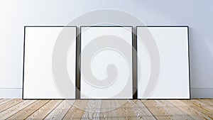 3 frames mockup scene on white wall and hardwood floor, 3d render.