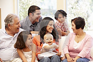 3 generation Hispanic family at home