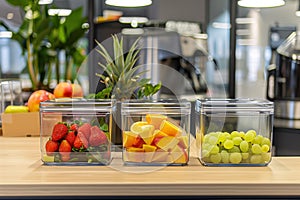 3 glass containers with fruit on a counter in the office.