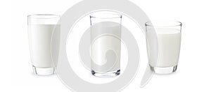 3 glasses of milk isolate on white background. Fresh milk in various glasses with clip path for die cut. Fresh milk glass for