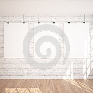 3 Hanging Poster Mock UP In Contemporary Exhibition Interior Space With Floor Lamp